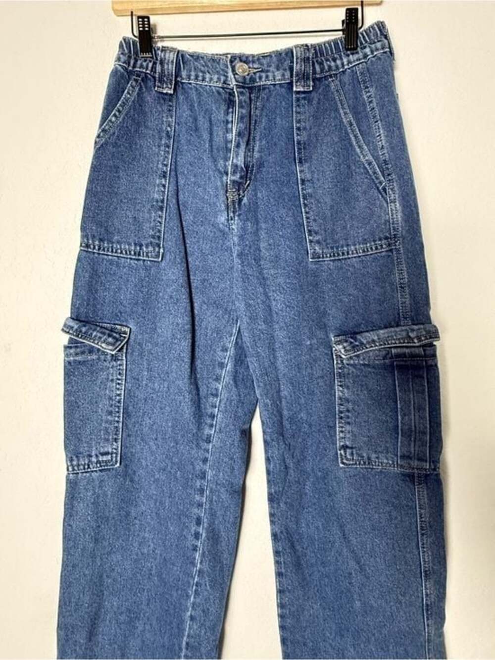Wax Jean Women's Skater Baggy Wide-Leg Cargo Jeans in Blue Denim
